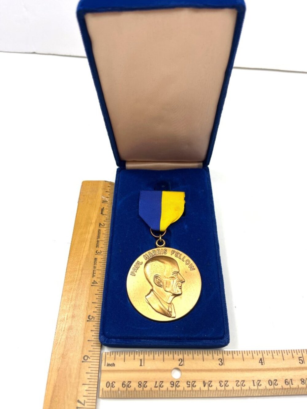 Paul Harris Fellow Rotary International Gold Medallion W/ Blue & Yellow Ribbon